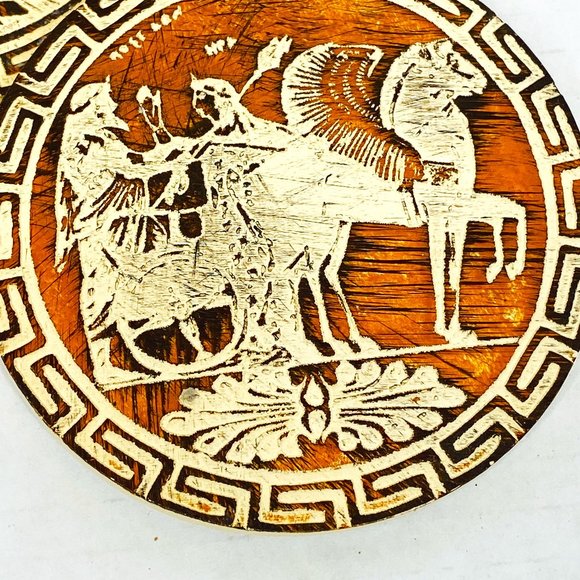 Set of 4 Vintage Carved Wood Greek Themed Coasters Cork Back - Picture 4 of 6